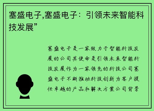 塞盛电子,塞盛电子：引领未来智能科技发展”